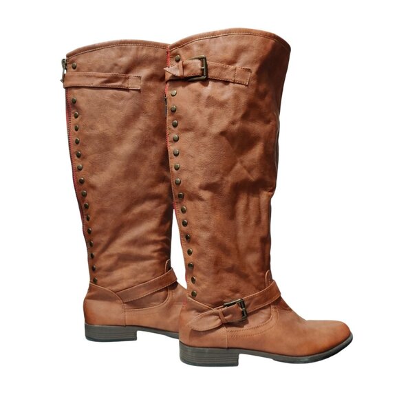 Bamboo Montage 10 Womens Boots Brown Knee High Faux Leather Buckle Stud Lined - Picture 13 of 15